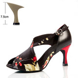 Printed Latin Dance Shoes for Women Adult High-heeled Indoor Ballroom Soft-soled Social Summer Hollow Out Sandals MartLion Printing heel 7.5cm 34 