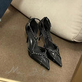 Vintage Rivet Women Pumps Leather Pointed Toe Buckle Strap Thin High Heels Summer Office Lady Shoes Mart Lion 8CM Black 34 