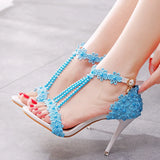 Crystal Queen Women Sandals Flowers Pearl Stilettos Bridal 9cm Evening Party High Heels Bridal Pumps Wedding Shoes MartLion sky blue 42 