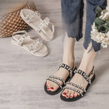 Pearl Rhinestones Flat Sandals Diamonds Flat Shoes Black Beige Crystals Beach Platform Mujer Bing Bling Mart Lion   