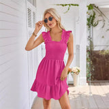 Summer Slim Fit Stretch Dresses Women Ruffle Trim Suspenders Dress Female Waist Pleated Hem Frock Casual Backless Gown MartLion   