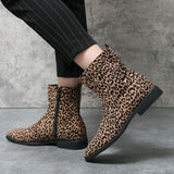 Men's Ankle Boots Suede Leather Leopard Pointed Toe Dress Shoes Zip Motorcycle Casual Party Footwear Mart Lion   