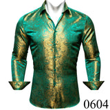 Luxury Silk Shirts Men's Green Paisley Long Sleeved Embroidered Tops Formal Casual Regular Slim Fit Blouses Anti Wrinkle MartLion 0604 S China