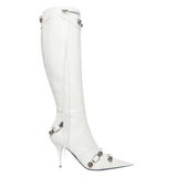 Women High Heels Boots Pointed Toe Stilettos Knee High Ladies Rivet Retro Pumps Cosplay Ankle Mart Lion White 38 