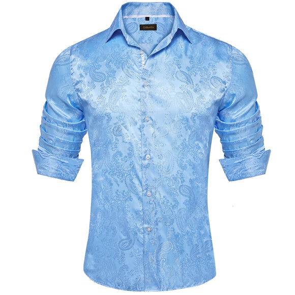  Luxury Light Blue Men's Silk Social Shirts Long Sleeve Tuxedo Paisley Solid Shirt and Blouses Clothing MartLion - Mart Lion