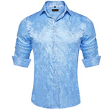 Luxury Light Blue Men's Silk Social Shirts Long Sleeve Tuxedo Paisley Solid Shirt and Blouses Clothing MartLion YC-2315 S 
