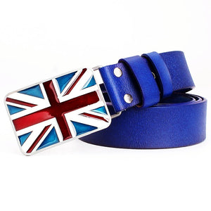 British Flag Pattern Belts Genuine Leather Metal Buckle Union Jack Jeans Waistband Trousers MartLion Blue 125cm CHINA