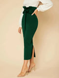 Casual Grace -waisted Paper Bag Waist Wrap Hip Belt Knit  Bow Solid Green Color Simple Hip  Skirt For Women MartLion   