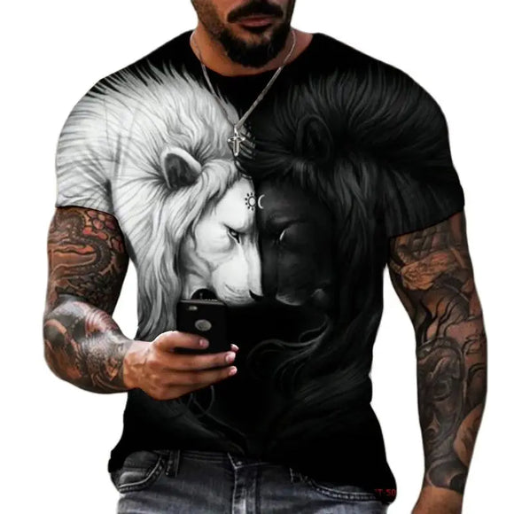 Beast Fierce Lion Wolf 3D T Shirt  Summer Men's Oversized Short Sleeve Black and White MartLion   