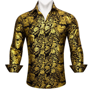 Luxury Silk Shirts Men's Long Sleeve Gold Black Floral Embroidered Regular Slim Fit Male Tops Regular Lapel Bloues Barry Wang MartLion 0590 S 