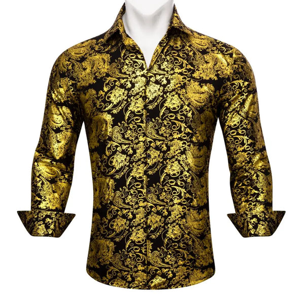 Luxury Silk Shirts Men's Long Sleeve Gold Black Floral Embroidered Regular Slim Fit Male Tops Regular Lapel Bloues Barry Wang MartLion 0590 S 