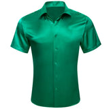 Designer Men's Shirts Short Sleeve Summer Green Solid Silk Slim Fit Blouse Casual Turn Down Collar Clothes Barry Wang MartLion 0257 S 