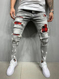 Street Style Ripped Skinny Jeans Men Vintage wash Solid Denim Trouser MartLion H007A Grey XXXL 