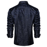 Luxury Blue Black Paisley Silk Shirts Men's Long Sleeve Wedding Party Prom Tuxedo Dress Casual Designer Clothing MartLion   