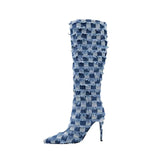 Dance Boots Plaid Denim Blue Cloth Women's Boots 10cm High Heels Latin Rubber Hard Sole Jazz Modern MartLion   