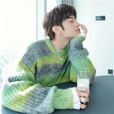 Men's Gradient Tie Dye Round Neck Loose Sweater Knit Sweater Autumn Rainbow Striped Casual Long Sleeve Sweater MartLion Green S 