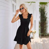 Summer Slim Fit Stretch Dresses Women Ruffle Trim Suspenders Dress Female Waist Pleated Hem Frock Casual Backless Gown MartLion black S 