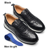 Genuine Leather Men's Luxury Sneakers Design Casual Sports Style Flat Shoes Carved Pattern Breathable Social MartLion Black EUR 46 