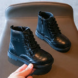 Kids Casual Boots PU Leather Black Zipper for Boys Girls Cross-tied Children Ankle High Boots Anti-skid Round Toes Soft MartLion