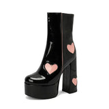 Women's Platform High Heel Boots Thick Heart Printed Ankle Waterproof and Short MartLion black 34 