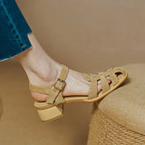 Summer Women Shoes Round Toe Sandals Casual Suede Roman Heels Green Genuine Leather Mid Heels MartLion   