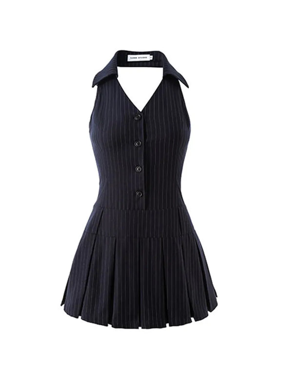 Summer Women Mini Halter Party Pleated Dress A-line Backless Black Striped V Neck Frocks Y2k Streetwear Prom MartLion Navy Blue L 