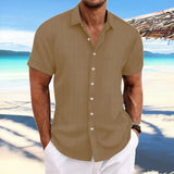 Cross-border men's linen striped jacquard casual loose short-sleeved shirt MartLion Caramel color XXL 