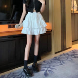 Pleated Skirt Women White Ruffle Sweet Pretty Style Skirt Elastic Waist Summer Slim Basic Dress MartLion   