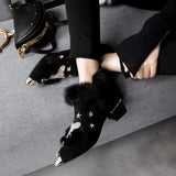 Women Rabbit Fur Snow Boots Autumn Winter Ladies Metal Pointed Toe Shoes Plush  Ankle Med Heels MartLion Black 40 
