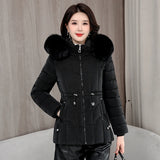 Down winter Jacket Women Parkas  Warm Cotton Padded Coat Ladies Short Overcoat Hooded MartLion black XXL 