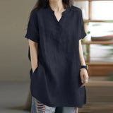 Women Solid Color Longer Shirt Summer V Neck Pullover Button  Blouse Female MartLion Tibetan Blue XXL 