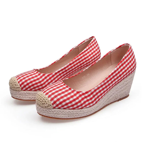 Wedges Heels Shoes Women Spring Summer Cloth Plaid Ladies High Heel 7cm MartLion Red 6.5 