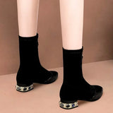 Women Pointed Toe Ankle Boots Autumn Winter Chunky Heels Rhinestones Med Heels Short Flock MartLion   