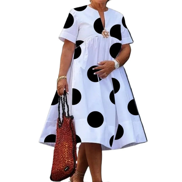 Women Midi Shirts Dress  Summer Short Sleeves Black and White Polka Dot Daily Casual Simple Female  Dresses MartLion   