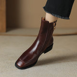 Autumn Boots Square Toe Low Heel Women Shoes Genuine Leather Retro Brown Ankle Block Retro MartLion   