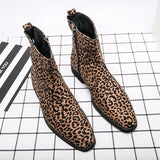 Men's Ankle Boots Suede Leather Leopard Pointed Toe Dress Shoes Zip Motorcycle Casual Party Footwear Mart Lion   