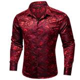 Red Silk Men's shirts Long Sleeve Luxury Social Dress Shirt Blouse Designer Night Bar Prom Wedding Party Clothing MartLion   