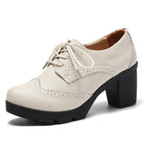 Women Pumps Shoes T High Heels Brogue High Square Heel Genuine Leather Wedge Richelieu MartLion 768-Beige 35 