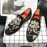 Loafers for Men's Flock Embroider Black Casual Shoes Slip-On Breathable Handmade Dress MartLion   