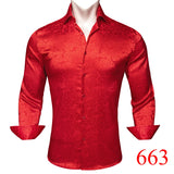 Luxury Shirts Men's Long Sleeve Silk Green Flower Slim Fit Tops Casual Button Down Collar Bloues Breathable Barry Wang MartLion   