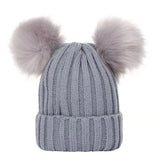 Winter Women Beanie Hats Faux Fur Ball Mother Kids Hats for Girls Boys Warm Knitted Bobbles Woman Cap Teenager Grils Beanies MartLion Gray Kids(0-3Y) 