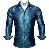 Luxury Blue Shirts Men's Silk Embroidered Paisley Flower Long Sleeve Slim FIT Blouses Casual Tops Lapel Cloth Barry Wang MartLion