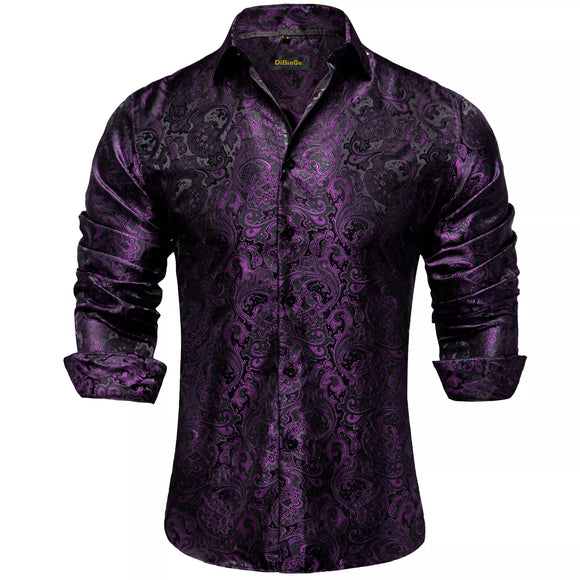  Luxury Purple Paisley Men's Silk Shrits Long Sleeve Designer Clothing Tuxedo Wedding Party Dress Shirt MartLion - Mart Lion