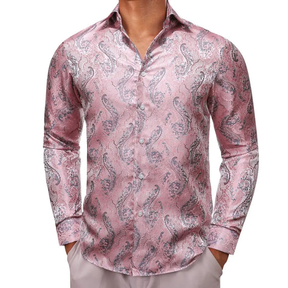  Designer Shirts Men's Silk Long Sleeve Pink Black Flower Slim Fit Blouses Casual Formal Tops Breathable Barry Wang MartLion - Mart Lion