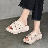 Platform slippers women wear cross-strap flip-flops summer casual 100 bypass head layer cowhide open-toe MartLion   