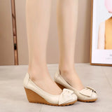 Genuine Leather 7cm High Heels Women Wedge Shoes Elegant Ladies Wedges Heeled Black Beige Soft MartLion   