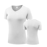 Fitness Women's Shirts Quick Drying T Shirt Elastic Yoga Sport Tights Gym Running Tops Short Sleeve Tees Blouses Jersey camisole MartLion V neck-white S 