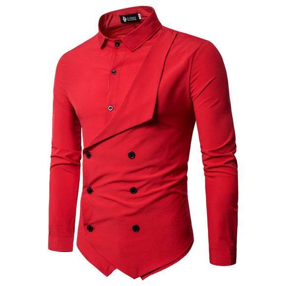 Spring Fake Two Piece Long Sleeve Shirt Men's Harajuku Casual Double Breasted Slim Fit Blouse Camisa Masculina Mart Lion Red M 