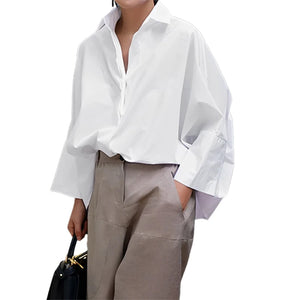 Women Stylish Black White Solid Color Lapel Blouses Spring Autumn Long Sleeve Loose Causal Office Shirts Tops MartLion   