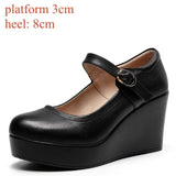 Genuine Leather Shoes Platform Wedges Mary Janes Women Spring High Heels Pumps for Office Model MartLion 8cm black buckle 38 